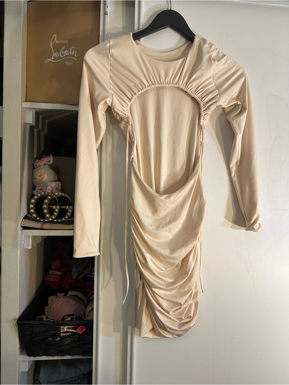 Long-Sleeve Ruched Cutout Dress in Cream